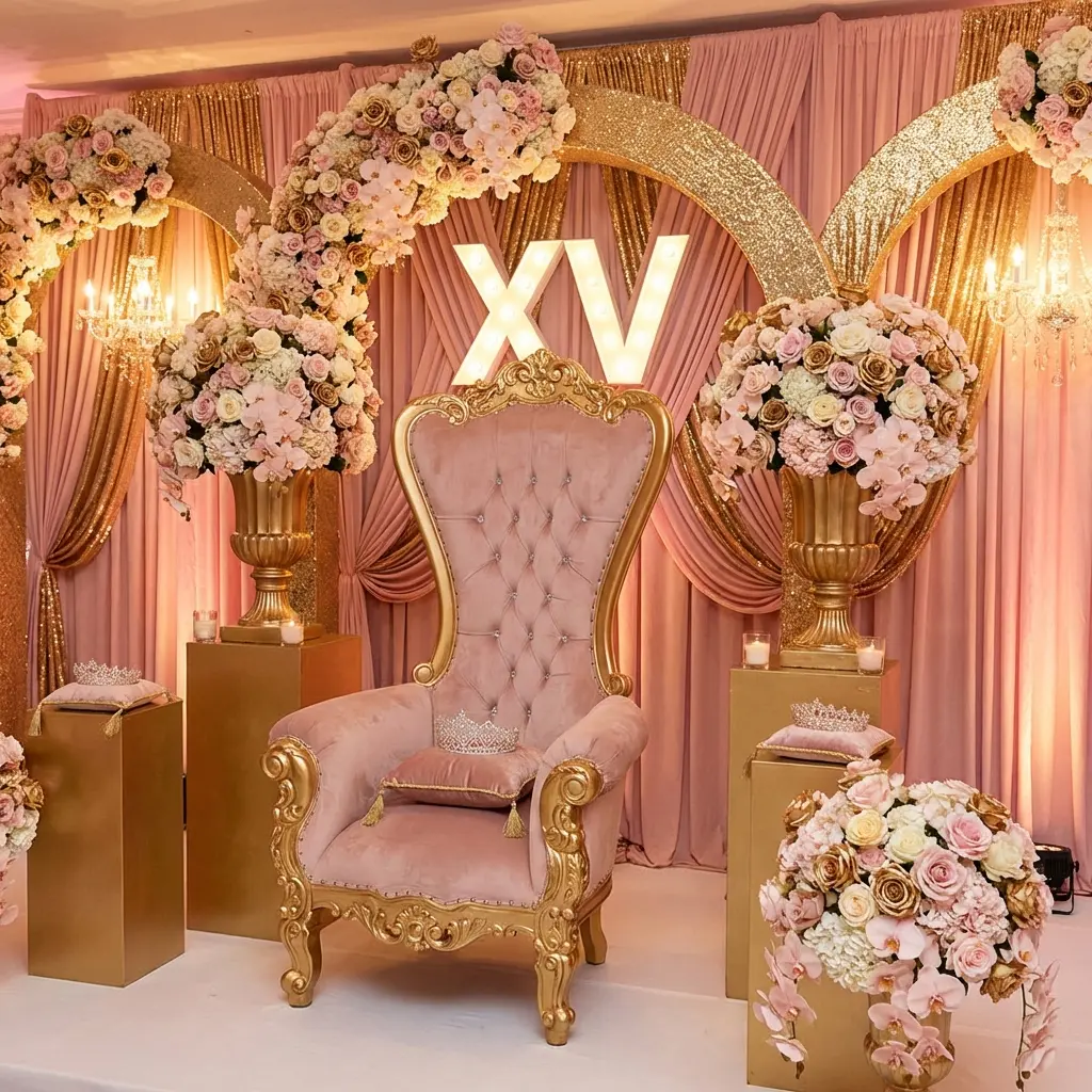 Quinceañera celebration setup with throne seating and décor in South Florida